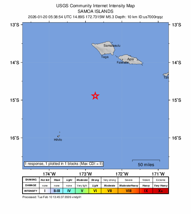 USGS DYFI community-reported intensity map for the M5.3 earthquake near 128 km SSW of Gataivai, Samoa