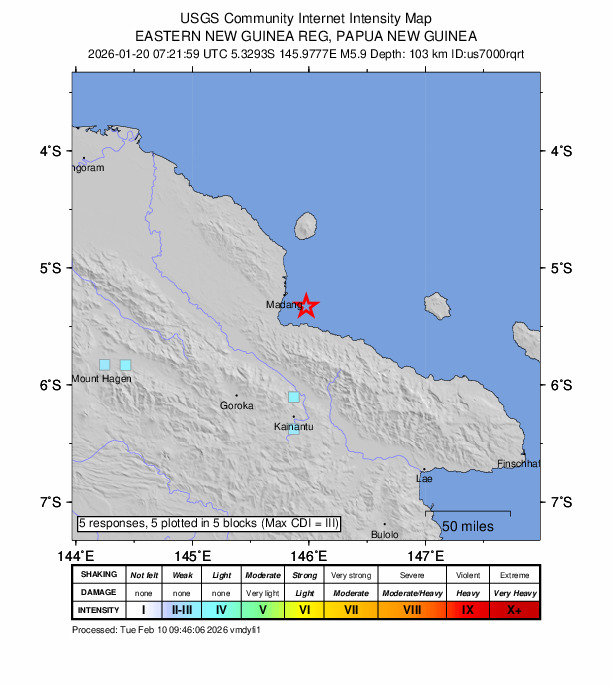 USGS DYFI community-reported intensity map for the M5.9 earthquake near 24 km ESE of Madang, Papua New Guinea