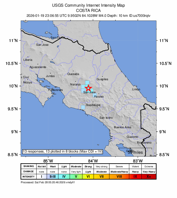 USGS DYFI community-reported intensity map for the M4.0 earthquake near 2 km WSW of Colima, Costa Rica
