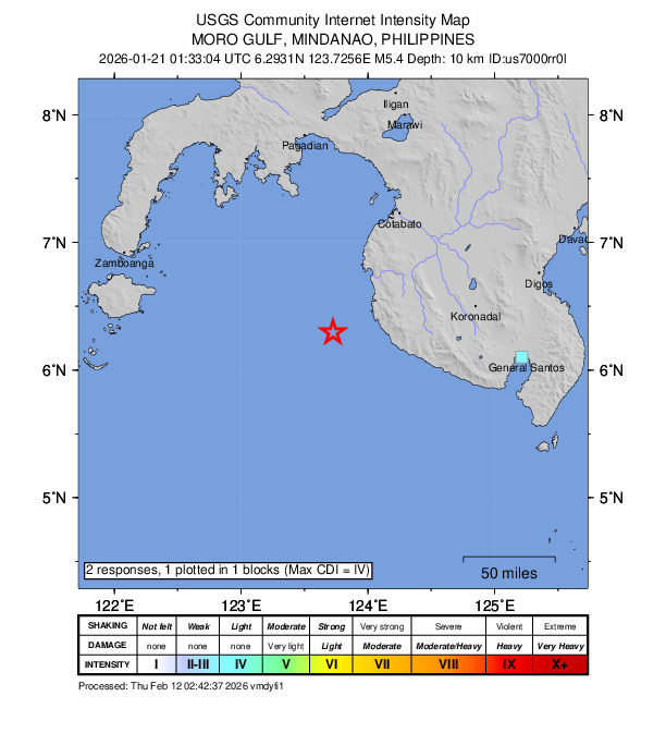 USGS DYFI community-reported intensity map for the M5.4 earthquake near 39 km WSW of Sangay, Philippines