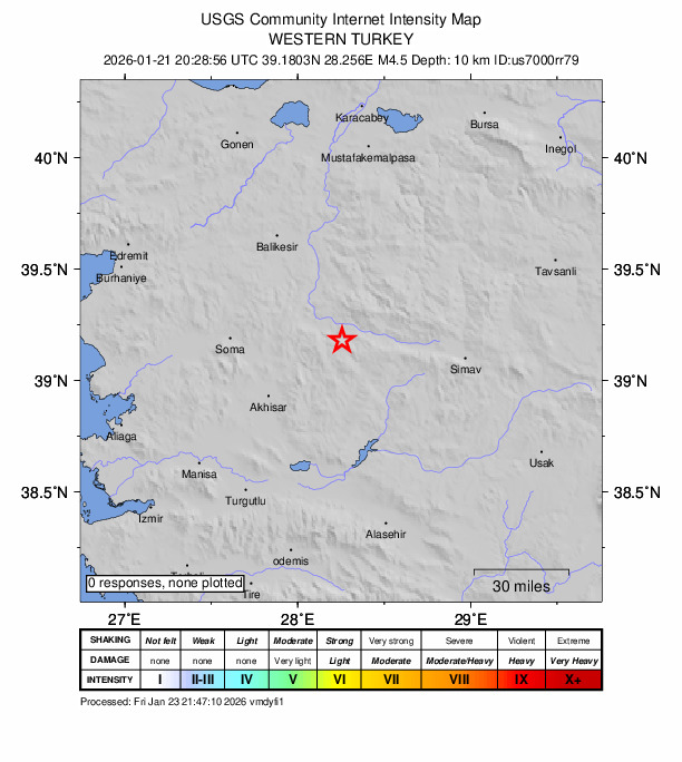 USGS DYFI community-reported intensity map for the M4.5 earthquake near 12 km SE of Sındırgı, Turkey