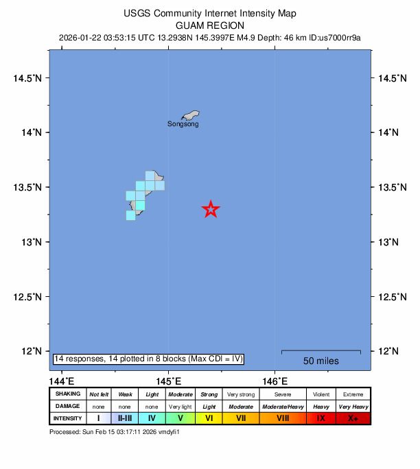 USGS DYFI community-reported intensity map for the M4.9 earthquake near 61 km ESE of Yigo Village, Guam