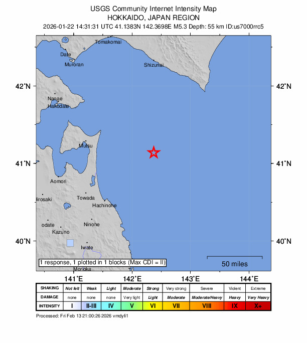 USGS DYFI community-reported intensity map for the M5.3 earthquake near 94 km E of Yokohama, Japan