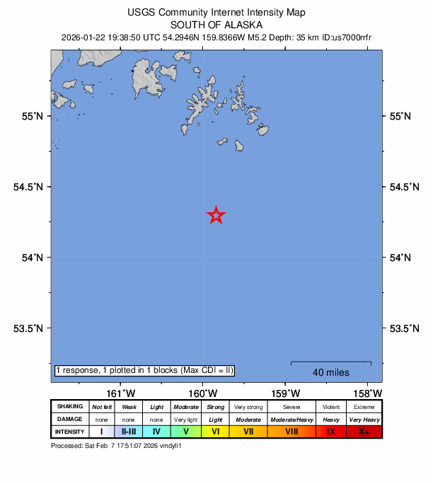 USGS DYFI community-reported intensity map for the M5.2 earthquake near 123 km SSE of Sand Point, Alaska