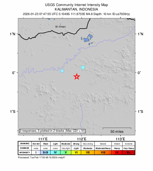 USGS DYFI community-reported intensity map for the M4.8 earthquake near 153 km SSE of Simanggang, Malaysia