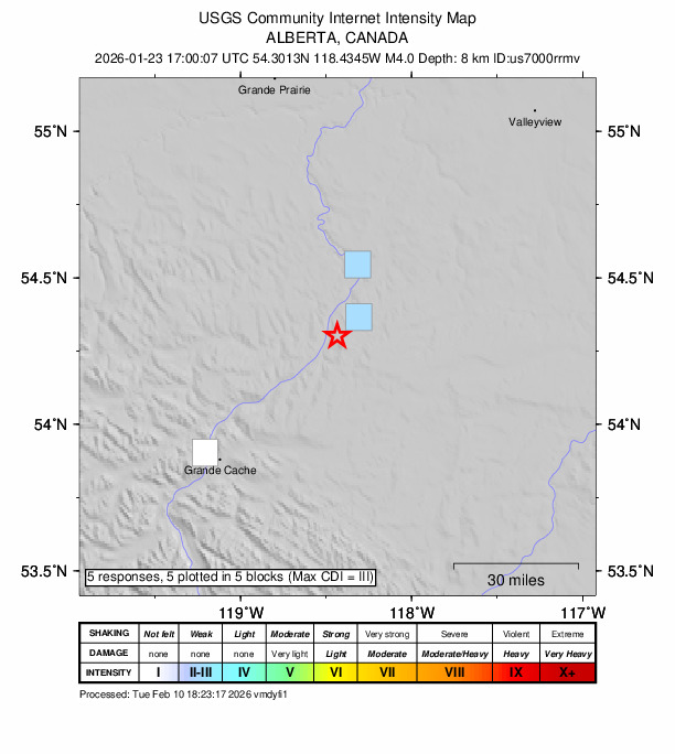 USGS DYFI community-reported intensity map for the M4.0 earthquake near 65 km NE of Grande Cache, Canada
