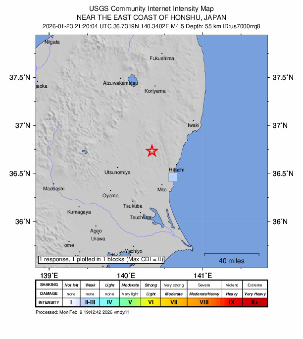 USGS DYFI community-reported intensity map for the M4.0 earthquake near 5 km SW of Daigo, Japan