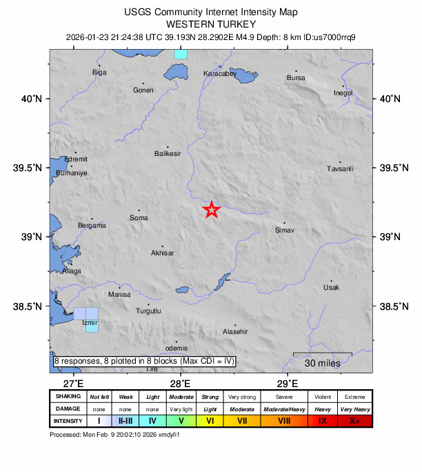 USGS DYFI community-reported intensity map for the M4.9 earthquake near 10 km ESE of Sındırgı, Turkey