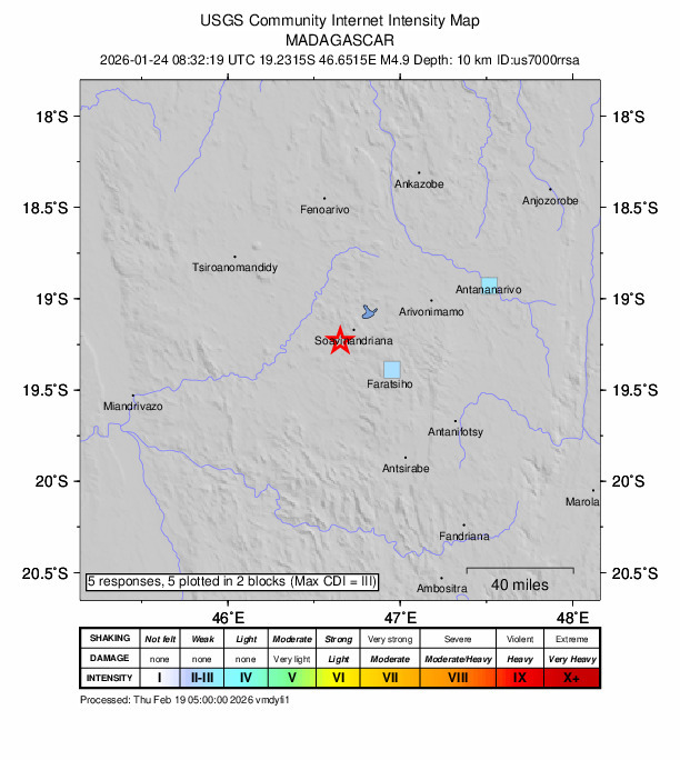 USGS DYFI community-reported intensity map for the M4.9 earthquake near 11 km SW of Soavinandriana, Madagascar