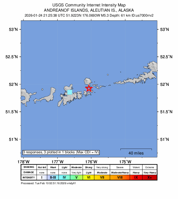USGS DYFI community-reported intensity map for the M5.3 earthquake near 39 km E of Adak, Alaska