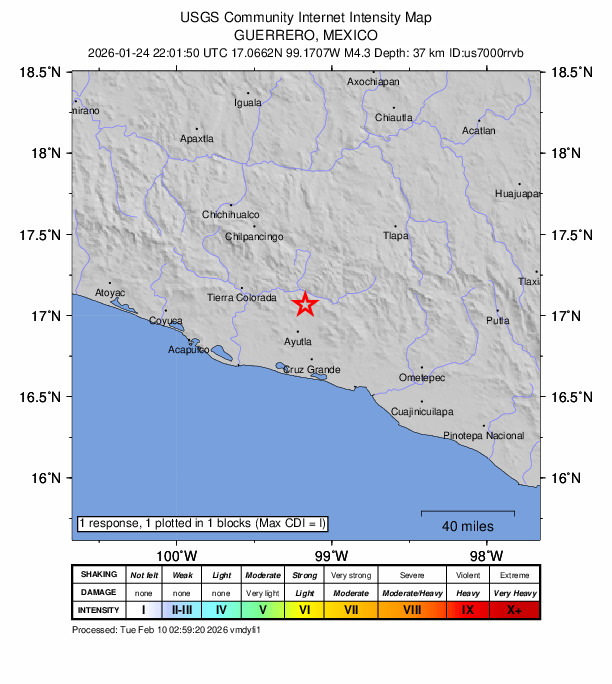 USGS DYFI community-reported intensity map for the M4.3 earthquake near 2 km N of Apantla, Mexico