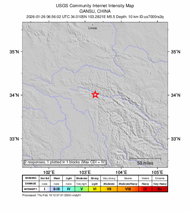 USGS DYFI community-reported intensity map for the M5.5 earthquake near 9 km SE of Dianga, China