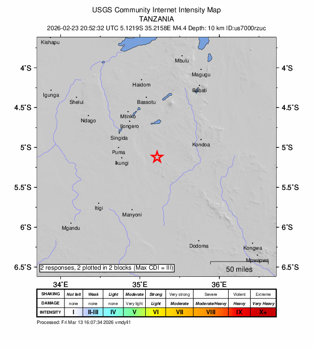 USGS DYFI community-reported intensity map for the M4.4 earthquake near 40 km ESE of Mungaa, Tanzania