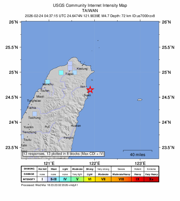 USGS DYFI community-reported intensity map for the M4.7 earthquake near 19 km SE of Yilan, Taiwan