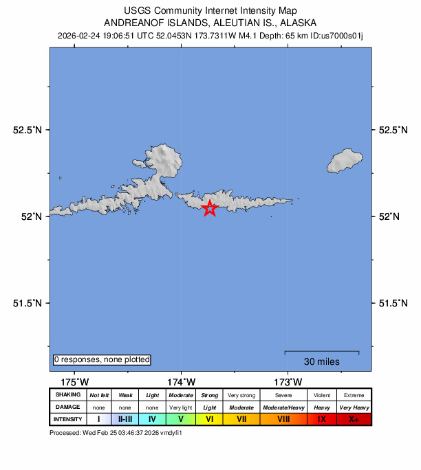 USGS DYFI community-reported intensity map for the M4.1 earthquake near 34 km ESE of Atka, Alaska