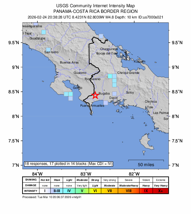 USGS DYFI community-reported intensity map for the M4.8 earthquake near 2 km NW of La Esperanza, Panama