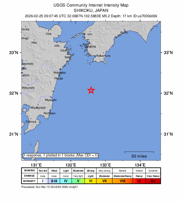 USGS DYFI community-reported intensity map for the M5.2 earthquake near 96 km S of Sukumo, Japan