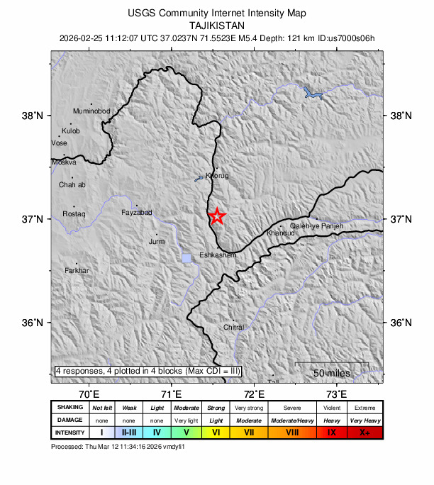 USGS DYFI community-reported intensity map for the M5.4 earthquake near 34 km NNW of Ishqoshim, Tajikistan