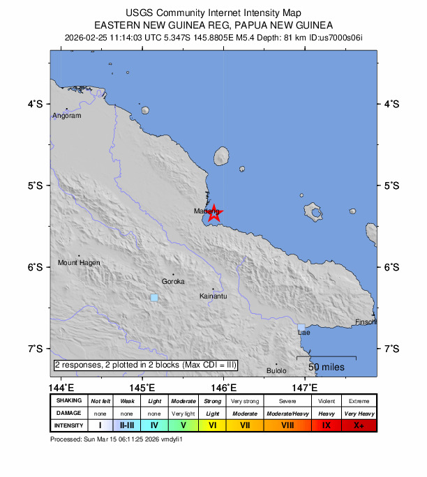 USGS DYFI community-reported intensity map for the M5.4 earthquake near 17 km SE of Madang, Papua New Guinea