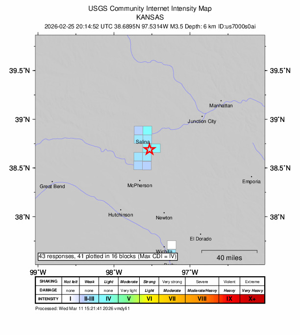 USGS DYFI community-reported intensity map for the M3.5 earthquake near 6 km E of Assaria, Kansas