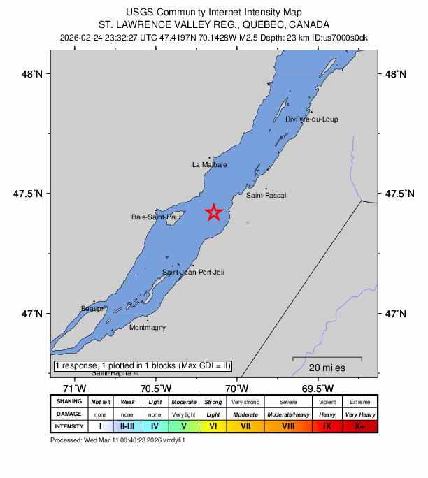 USGS DYFI community-reported intensity map for the M2.7 earthquake near 9 km NW of La Pocatière, Canada