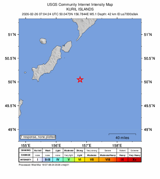 USGS DYFI community-reported intensity map for the M5.1 earthquake near 84 km SSE of Severo-Kuril’sk, Russia