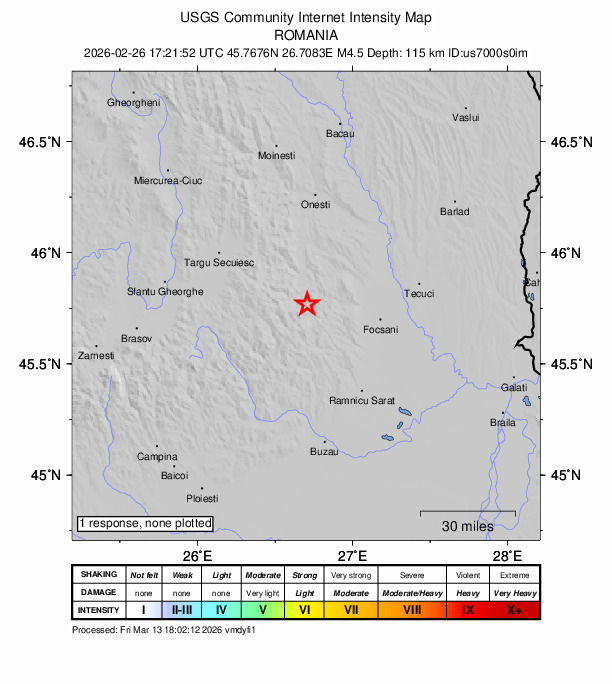 USGS DYFI community-reported intensity map for the M4.5 earthquake near 1 km SSW of Paltin, Romania
