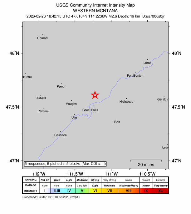 USGS DYFI community-reported intensity map for the M2.6 earthquake near 10 km NNE of Black Eagle, Montana