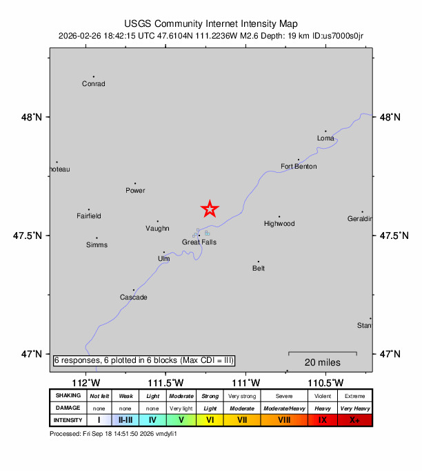 USGS DYFI community-reported intensity map for the M2.6 earthquake near 10 km NNE of Black Eagle, Montana