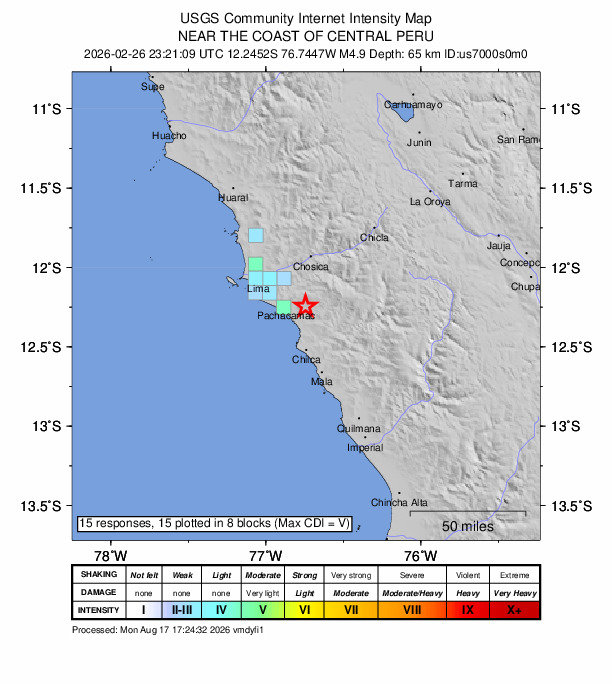 USGS DYFI community-reported intensity map for the M4.9 earthquake near 15 km NNE of San Bartolo, Peru