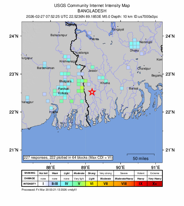 USGS DYFI community-reported intensity map for the M5.0 earthquake near 24 km SSE of Sātkhira, Bangladesh