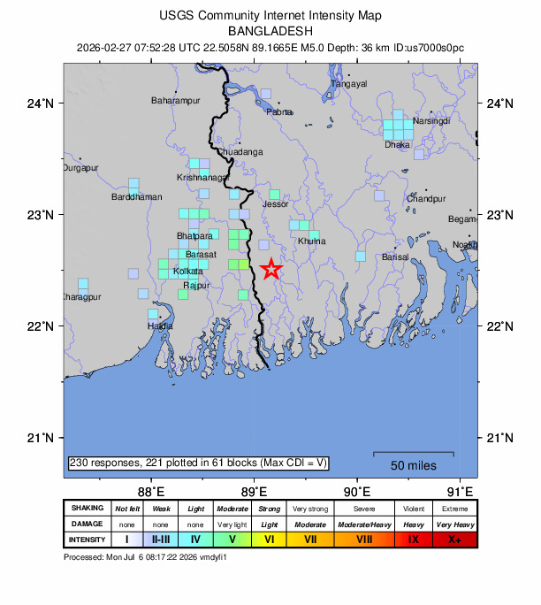 USGS DYFI community-reported intensity map for the M5.0 earthquake near 24 km SSE of Sātkhira, Bangladesh