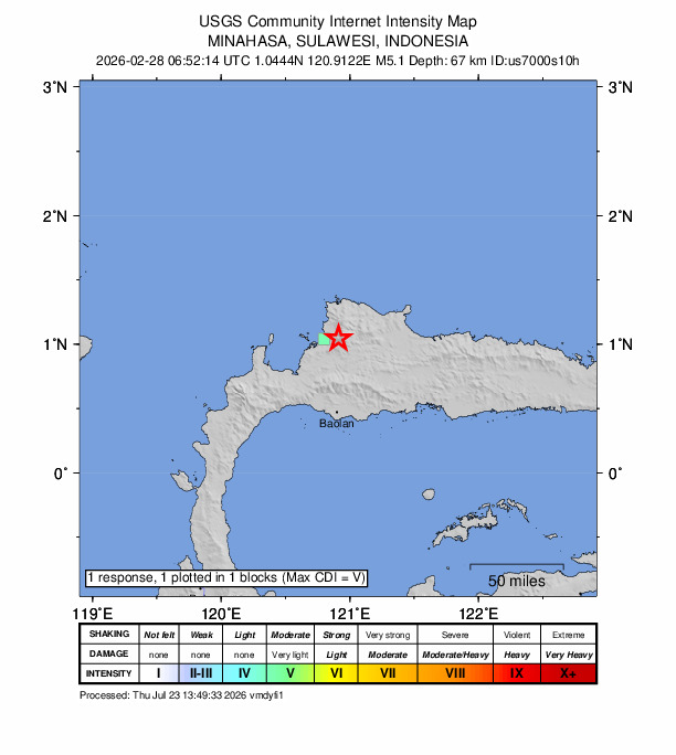 USGS DYFI community-reported intensity map for the M5.1 earthquake near 245 km NNE of Palu, Indonesia