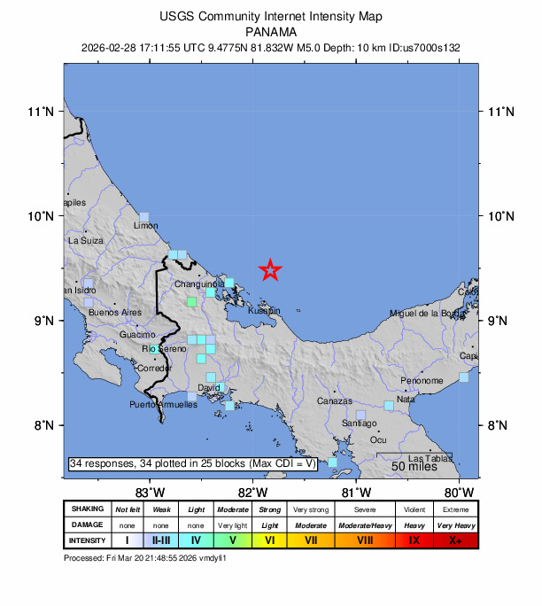 USGS DYFI community-reported intensity map for the M5.0 earthquake near 33 km N of Kusapín, Panama