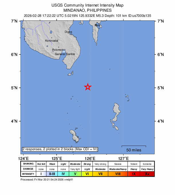USGS DYFI community-reported intensity map for the M5.3 earthquake near 67 km SE of Sarangani, Philippines