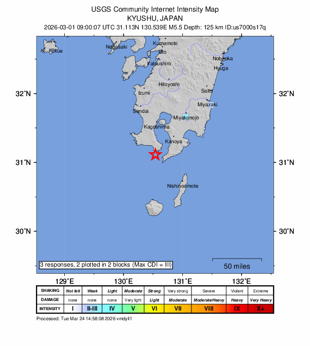 USGS DYFI community-reported intensity map for the M5.5 earthquake near 17 km SW of Ibusuki, Japan