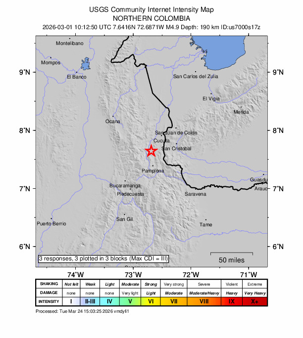 USGS DYFI community-reported intensity map for the M4.9 earthquake near 5 km NW of Bochalema, Colombia