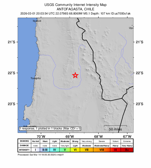USGS DYFI community-reported intensity map for the M5.1 earthquake near 43 km NNE of Calama, Chile