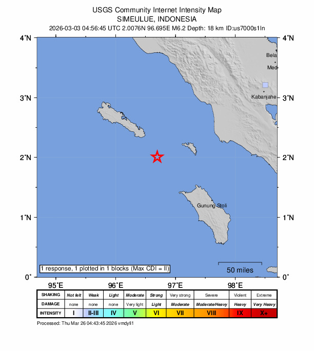 USGS DYFI community-reported intensity map for the M6.2 earthquake near 62 km SE of Sinabang, Indonesia