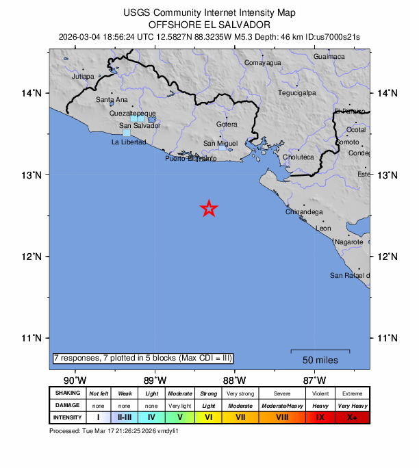 USGS DYFI community-reported intensity map for the M5.3 earthquake near 73 km SSW of Chirilagua, El Salvador