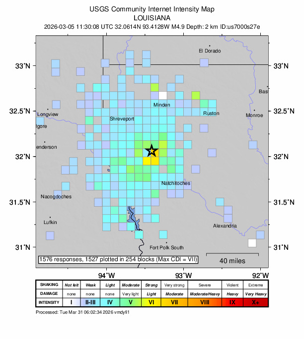 USGS DYFI community-reported intensity map for the M4.9 earthquake near 2026 Red River Parish, Louisiana Earthquake