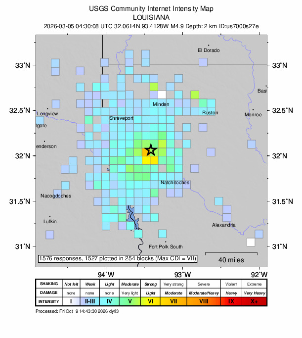 USGS DYFI community-reported intensity map for the M4.9 earthquake near 2026 Red River Parish, Louisiana Earthquake