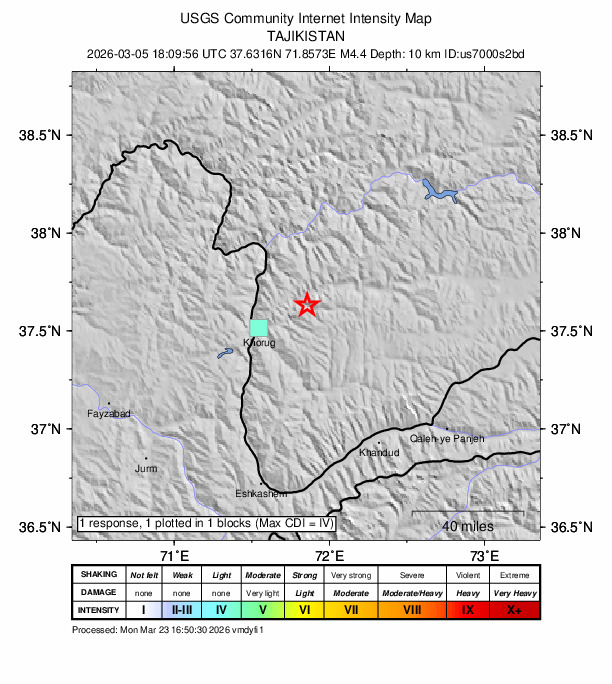 USGS DYFI community-reported intensity map for the M4.4 earthquake near 34 km ENE of Khorugh, Tajikistan