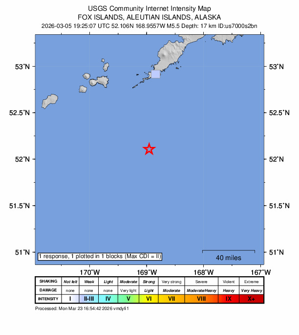 USGS DYFI community-reported intensity map for the M5.5 earthquake near 92 km S of Nikolski, Alaska
