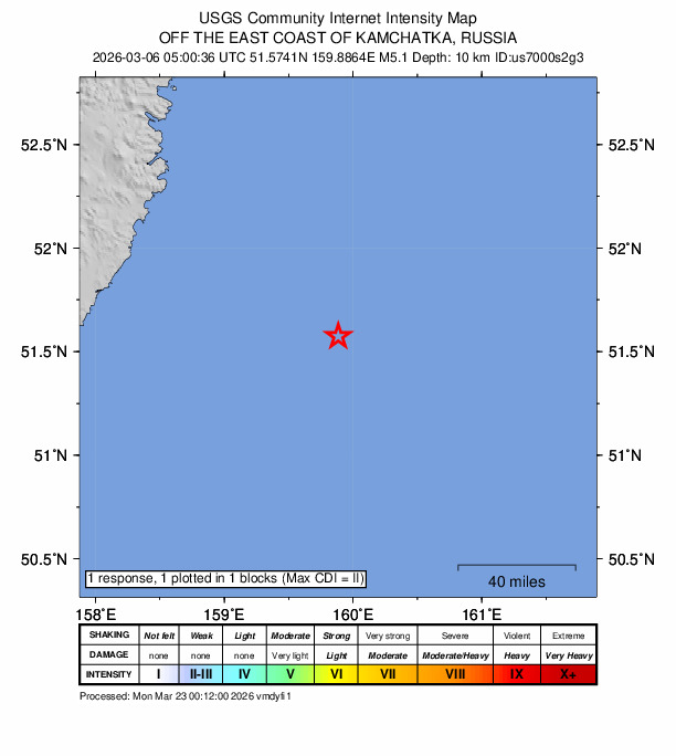USGS DYFI community-reported intensity map for the M5.1 earthquake near 180 km SE of Vilyuchinsk, Russia