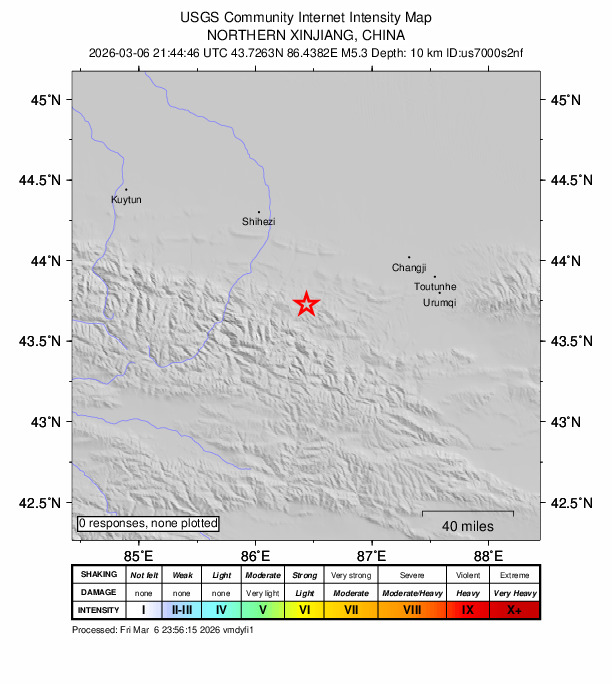 USGS DYFI community-reported intensity map for the M5.2 earthquake near 67 km SSE of Shihezi, China