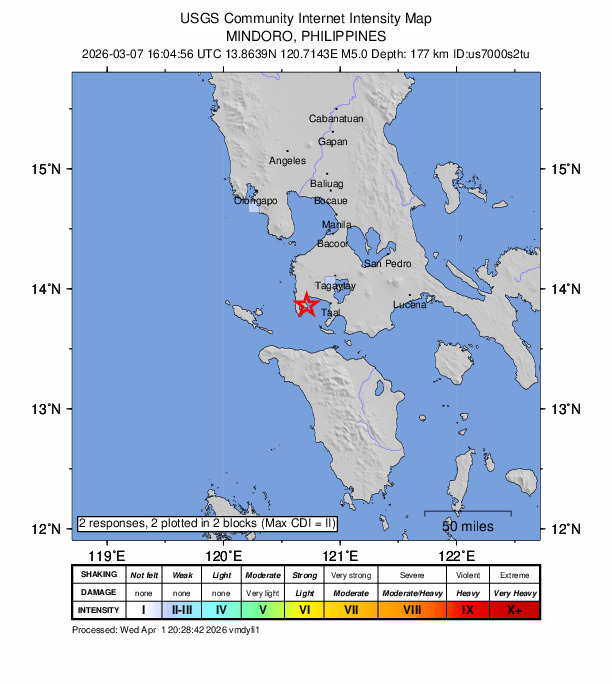 USGS DYFI community-reported intensity map for the M5.0 earthquake near 2 km NNE of Hukay, Philippines