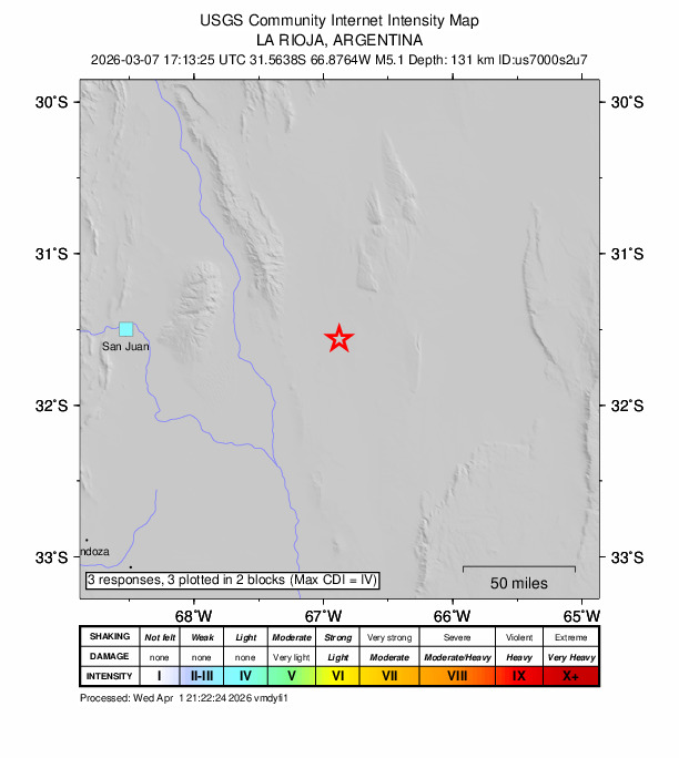 USGS DYFI community-reported intensity map for the M5.1 earthquake near 113 km WNW of Candelaria, Argentina