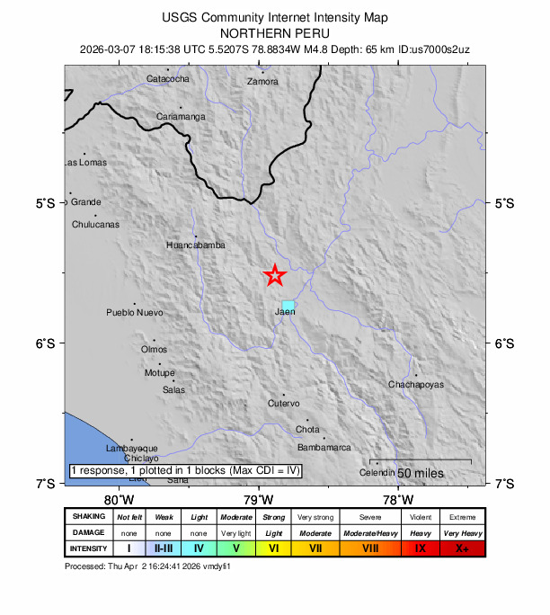 USGS DYFI community-reported intensity map for the M4.8 earthquake near 12 km NNW of Huabal, Peru
