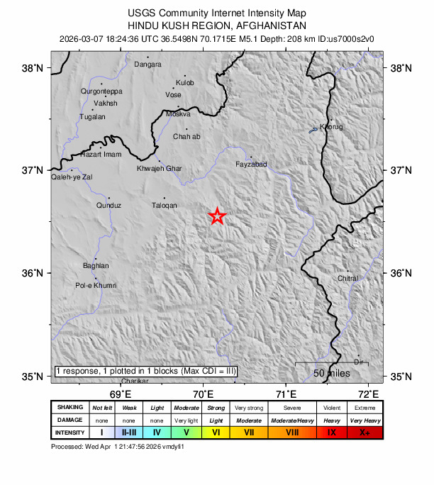 USGS DYFI community-reported intensity map for the M5.1 earthquake near 28 km E of Farkhār, Afghanistan